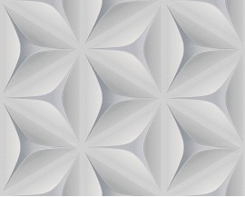 Tapeta na flizelinie niemieckiej firmy A.S. Creation z kolekcji Move Your Wall. Wzór to graficzne, rozetowe wzory z niesamowitym efektem 3D w biało-szarej kolorystyce.