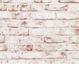 Tapeta na flizelinie niemieckiej firmy A.S. Creation z kolekcji New England. Wzór idealnie imituje stary mur z czerwonej cegły lekko pociągniety białą farbą.