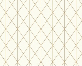 Tapeta na flizelinie niemieckiej firmy A.S. Creation z kolekcji DESIGNDSCHUNGEL 2. Ten wzór to nowoczesne, graficzne, złote wzory na białym tle w odcieniu ecru. 