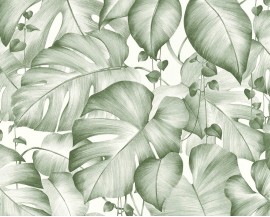 Tapeta na flizelinie niemieckiej firmy A.S. Creation z kolekcji Colibri. Ten wzór to liściasta dżungla w stonowanej, oliwkowej zieleni. 