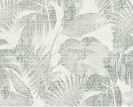 Tapeta na flizelinie niemieckiej firmy A.S. Creation z kolekcji New Walls. Ten wzór to delikatne liście palmy z efektem sprania na jasnym tle. 
