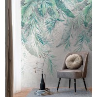 TAPETA BEZ PASOWANIA PANEL MURAL TURKUSOWE LIŚCIE NA BETONOWEJ ŚCIANIE