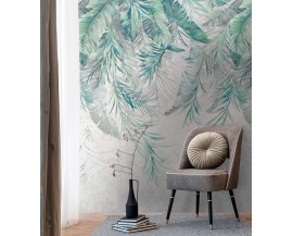 TAPETA BEZ PASOWANIA PANEL MURAL TURKUSOWE LIŚCIE NA BETONOWEJ ŚCIANIE