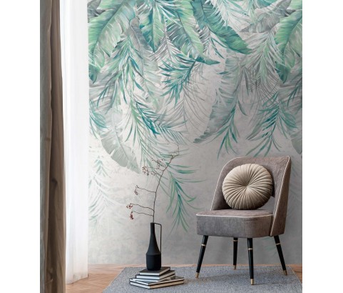 TAPETA BEZ PASOWANIA PANEL MURAL TURKUSOWE LIŚCIE NA BETONOWEJ ŚCIANIE
