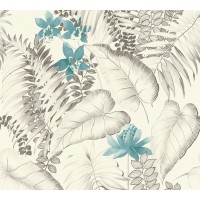 TAPETA DO SALONU TROPOKALNE LIŚCIE NIEBIESKIE KWIATY NA FLIZELINIE