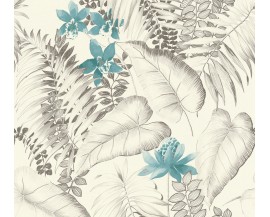 TAPETA DO SALONU TROPOKALNE LIŚCIE NIEBIESKIE KWIATY NA FLIZELINIE