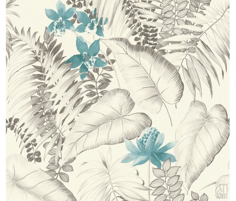 TAPETA DO SALONU TROPOKALNE LIŚCIE NIEBIESKIE KWIATY NA FLIZELINIE