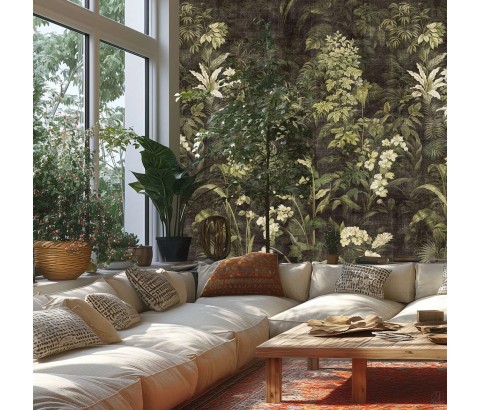 TAPETA BEZ PASOWANIA PANEL MURAL ZIELONE LIŚCIE KWIATY DŻUNGLA 159/280