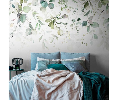 TAPETA MURAL BEZ PASOWANIA KOLOROWE LISTKI ZWISAJĄCE Z GÓRY NA BIAŁYM TLE