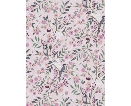 TAPETA KOLOROWE KWIATKI PTASZKI NA GAŁĄZKACH NA RÓŻOWYM TLE FLIZELINA