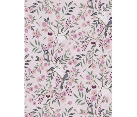 TAPETA KOLOROWE KWIATKI PTASZKI NA GAŁĄZKACH NA RÓŻOWYM TLE FLIZELINA