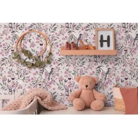 TAPETA KOLOROWE KWIATKI PTASZKI NA GAŁĄZKACH NA RÓŻOWYM TLE FLIZELINA