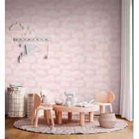 TAPETA DZIECIĘCA BIAŁE CHMURKI NA RÓŻOWYM TLE FLIZELINA