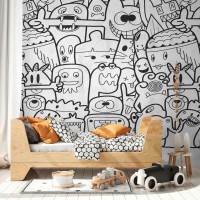TAPETA BEZ PASOWANIA MURAL CZARNO BIAŁE POSTACIE Z KRESKÓWEK