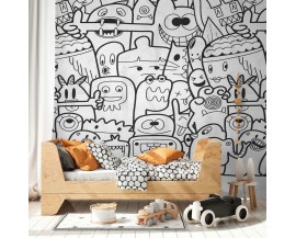 TAPETA BEZ PASOWANIA MURAL CZARNO BIAŁE POSTACIE Z KRESKÓWEK