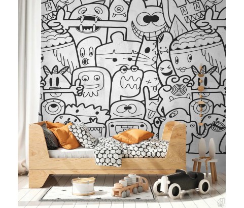 TAPETA BEZ PASOWANIA MURAL CZARNO BIAŁE POSTACIE Z KRESKÓWEK