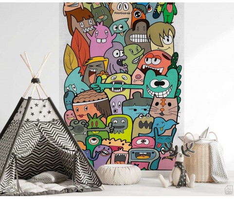 TAPETA BEZ PASOWANIA MURAL MŁODZIEŻOWY KOLOROWE POSTACIE Z KRESKÓWEK