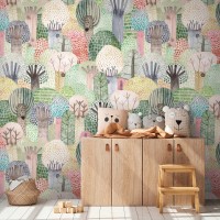 TAPETA BEZ PASOWANIA MURAL DLA DZIECI KOLOROWE DRZEWA LAS