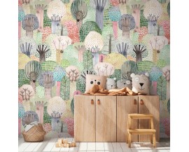 TAPETA BEZ PASOWANIA MURAL DLA DZIECI KOLOROWE DRZEWA LAS