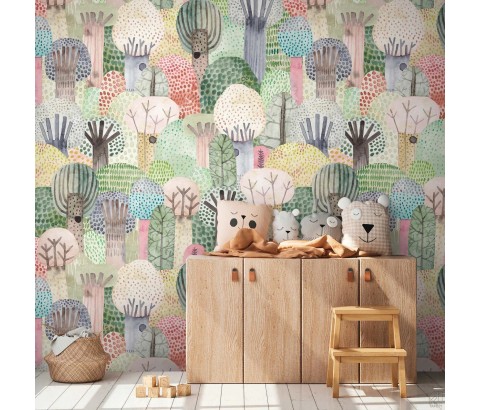 TAPETA BEZ PASOWANIA MURAL DLA DZIECI KOLOROWE DRZEWA LAS