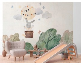 TAPETA BEZ PASOWANIA DLA DZIECI MALOWANY LAS KRÓLICZKIEM W BALONIE