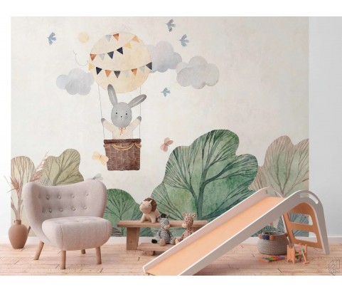 TAPETA BEZ PASOWANIA DLA DZIECI MALOWANY LAS KRÓLICZKIEM W BALONIE