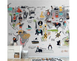 TAPETA PANEL BEZ PASOWANIA MAPA ŚWIATA I ZWIERZAKI