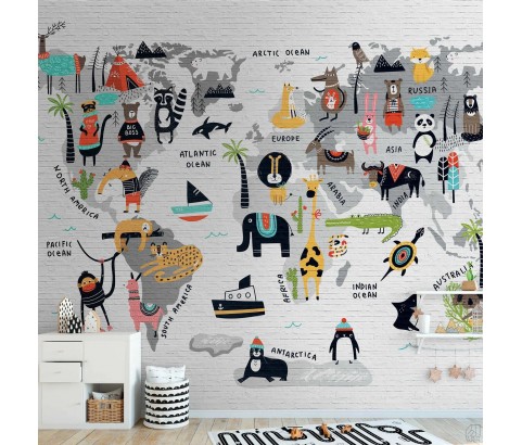 TAPETA PANEL BEZ PASOWANIA MAPA ŚWIATA I ZWIERZAKI